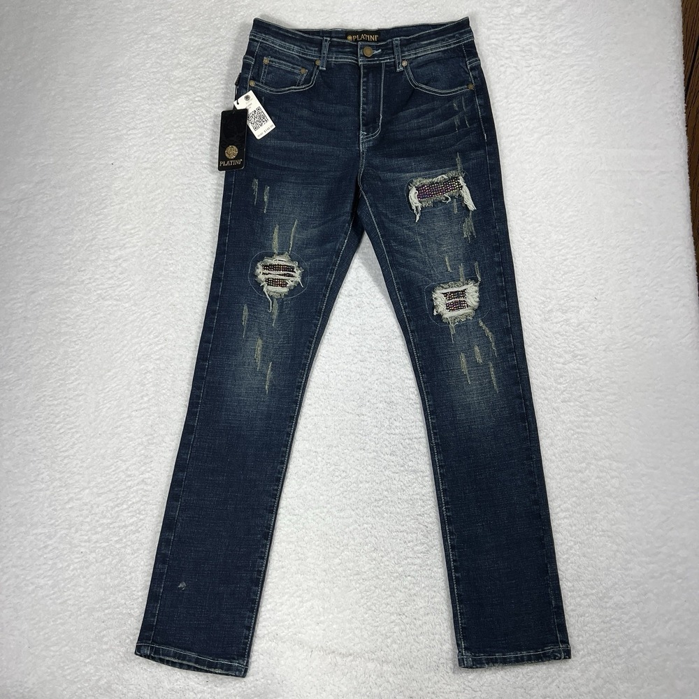 Platini Women Blue Sequined Distressed Straight Jeans MFJ7502 Size 30 NEW